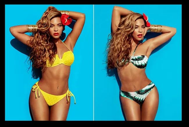 Two images of a woman in stylish bikinis posing against a blue background, wearing gold bangles and a red flower in her hair.