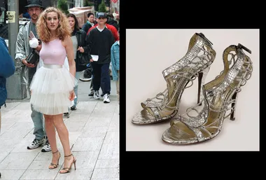 Person in a tutu and heels on a street; silver high-heeled shoes beside. Fashion inspired by "Sex and the City."