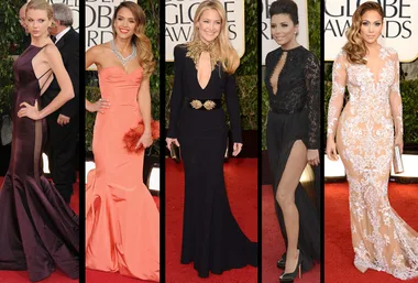 Five women in elegant gowns pose on the red carpet at the Golden Globes.
