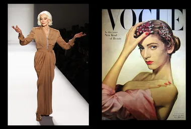 Elderly model in brown gown walks runway; vintage Vogue cover with model in pink, jeweled headpiece.