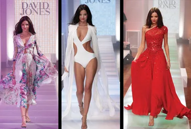 Model on the runway in floral dress, white swimsuit, and red gown for David Jones fashion show.