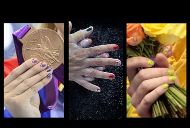 Olympians display nail art celebrating national flags, medals, and bouquets during the 2012 London Olympics.