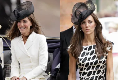 Kate Middleton in elegant outfits with matching black hats; one in a white coat and another in a patterned dress.