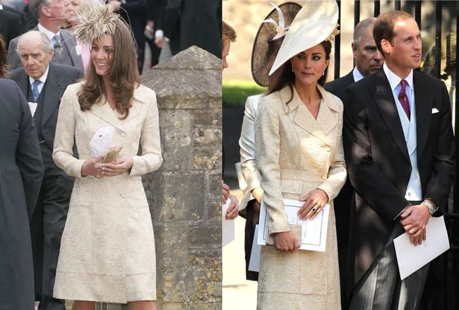 A woman in a light-patterned coat and hat at two events, each time with different accessories and companions.