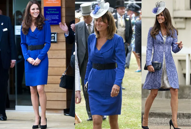 Three images of women in blue outfits, two wearing knee-length dresses and one in a patterned coat, all with black heels.