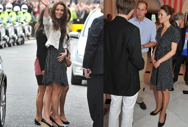 Two images of a woman in a polka dot dress: waving outside and talking indoors with a man in a blue shirt.