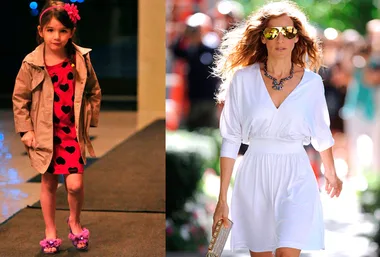 Young girl in heart-patterned dress and coat on left; woman in sunglasses and white dress walking outdoors on right.