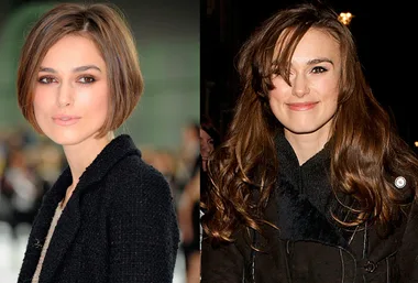 Two images side by side showing a person with short and long hair in different settings.