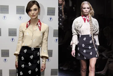 Two women wearing similar Miu Miu outfits; one at an event, the other on a runway, showcasing unique blouse and skirt designs.