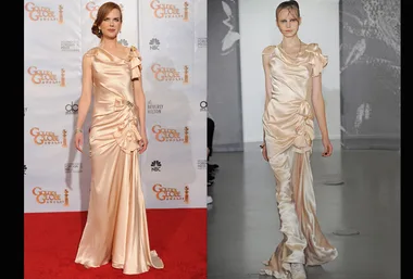 "Actress in peach gown at Golden Globes 2010 red carpet next to a runway model in the same dress."