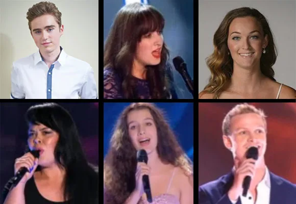 Contestants from "The Voice" performing in blind auditions, each holding a microphone and singing passionately.
