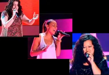 Three contestants passionately performing on stage during "The Voice" auditions, each holding a microphone.