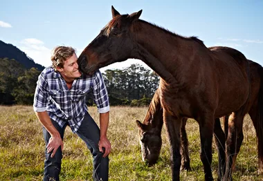 A man in a plaid shirt smiles while a brown horse nuzzles him in a grassy field with another horse grazing nearby.