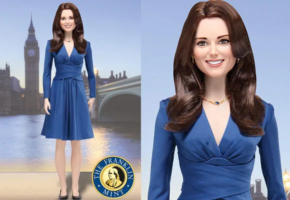 "Kate Middleton doll in blue dress with Big Ben backdrop, Franklin Mint logo."