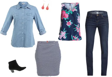 Denim shirt, floral top, striped skirt, jeans, ankle boots, and earrings against white background.