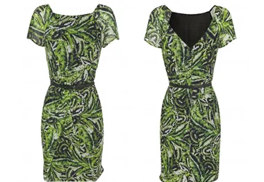 Green and black leaf-patterned dress, short sleeves, front and back views.
