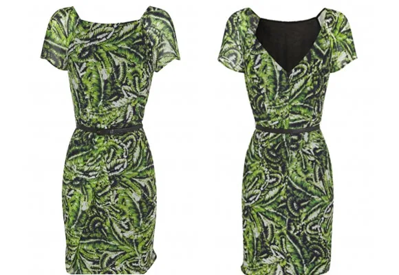 Green and black leaf-patterned dress, short sleeves, front and back views.