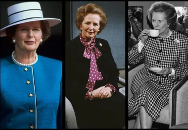 Margaret Thatcher in stylish outfits: blue suit and hat, polka-dot blouse, and houndstooth coat, sipping tea.
