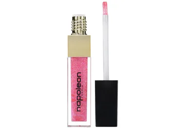 Pink glitter lip gloss by Napoleon Perdis, open with applicator wand showing.