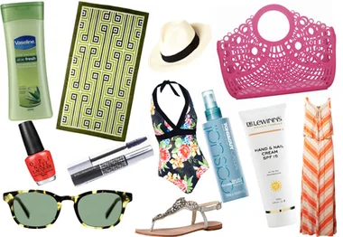 Various holiday essentials including lotion, towel, hat, sunglasses, swimsuit, sandals, beach bag, dress, and beauty products.