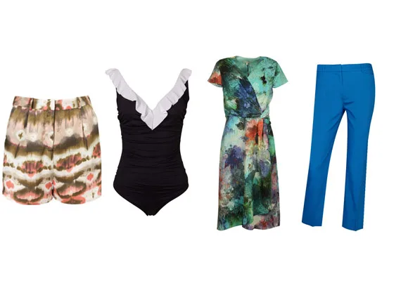 Patterned shorts, black swimsuit with white ruffle, floral dress, and blue pants on display.
