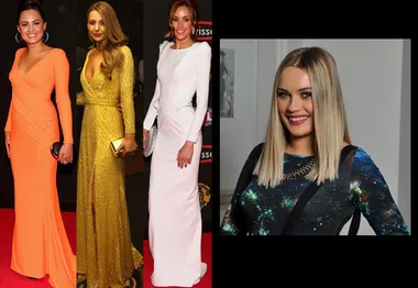 Four women in elegant gowns on the Brownlow Medal red carpet, each showcasing unique fashion choices.