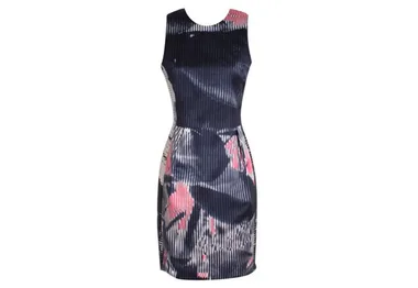 Sleeveless dress with abstract dark blue and pink floral pattern, tailored fit.