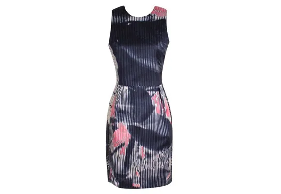 Sleeveless dress with abstract dark blue and pink floral pattern, tailored fit.