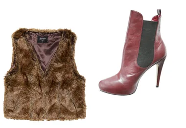 Brown fur vest and red heeled boot with black elastic panel on a white background.