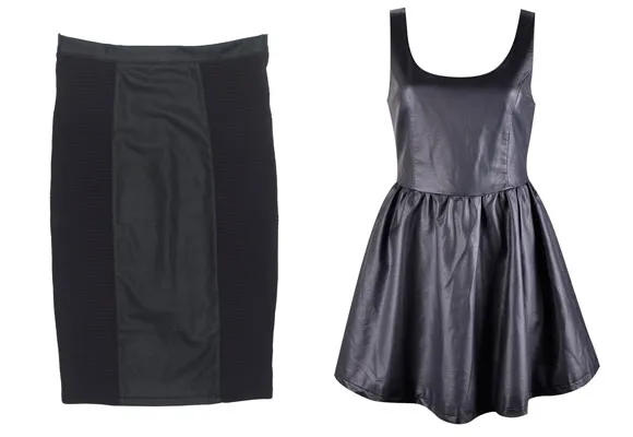 Black pencil skirt and sleeveless leather dress on white background.
