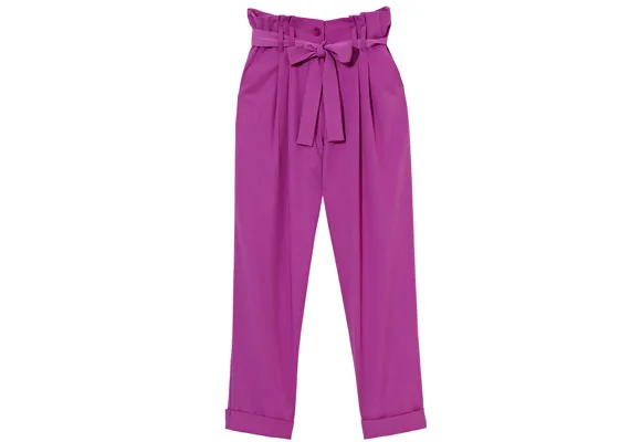 Purple paperbag-waist pants with a belt and rolled-up cuffs on a white background.