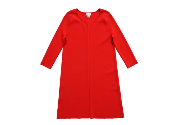 Red long-sleeve, knee-length dress on a white background.