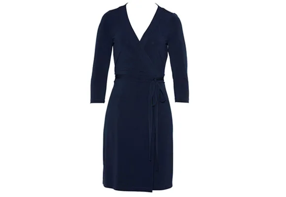 A navy blue wrap dress with three-quarter sleeves and a waist tie on a plain white background.