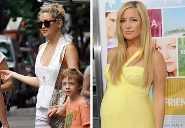 Two side-by-side images show a woman with different hairstyles; casual bun outdoors and sleek, straight hair at an event.