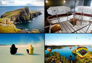 A collage of romantic destinations: a cliffside view, a coffin hotel room, a desert with a couple, and vibrant hot air balloons.