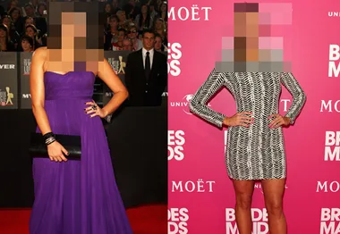 Two side-by-side images of a celebrity: on the left, in a purple dress; on the right, in a patterned dress.