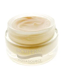 A jar of Biotherm Aquasource Non Stop cream, displaying its label, filled with light beige moisturizing product.