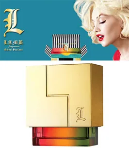 Gwen Stefani's L fragrance bottle with a gold cube design and her photo in the background.
