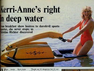 Kerri-Anne in a red swimsuit joyfully rides a vintage yellow jet ski on water, with a headline above.