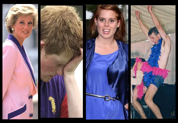 Four vertical panels showing different people: a woman in pink, a person with their hand on their face, a woman in blue, and a man dancing with a feather boa.