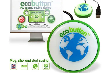 EcoButton device with Earth design, USB connector, and monitor display; promotes PC energy saving.