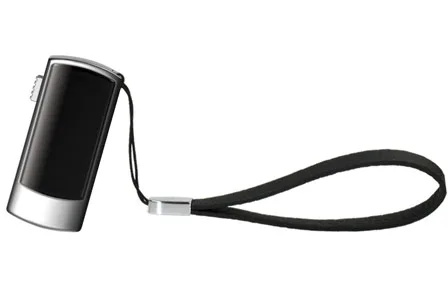 Black and silver compact USB flash drive with a looped strap attached.