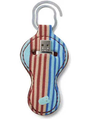 USB flash drive with a blue and red striped fabric cover and metal hook design.