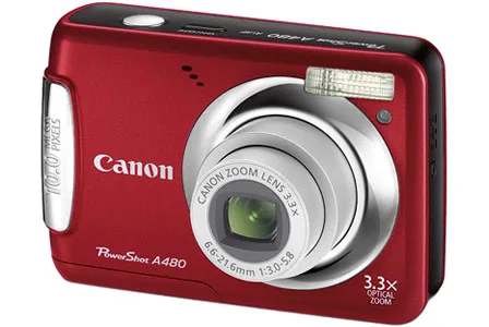 Red Canon PowerShot A480 digital camera with 10.0 megapixels and 3.3x optical zoom lens.