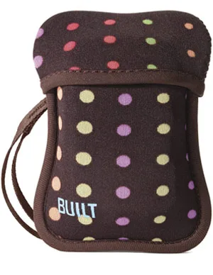 Brown neoprene pouch with colorful polka dots and a small strap, branded "BUILT" in light blue text.