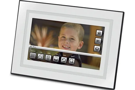 Digital photo frame displaying a smiling child, with various menu icons on the screen.