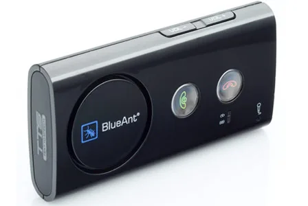 Black BlueAnt S1 speakerphone with control buttons for volume, call answer, and end call.