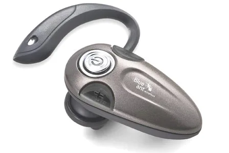 Alt text: "Bluetooth earpiece with an over-ear hook, labeled BlueAnt."