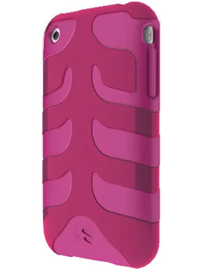 alt="Pink silicone phone case with ribbed design, rear camera cutout visible."