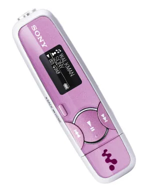 Pink Sony Walkman MP3 player with screen and control buttons on the front.